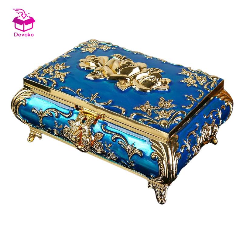 Hộp Đựng Trang Sức Hình Chữ Nhật Chạm Khắc Hoa Hồng Bằng Kim Loại Đính Ngọc Trai Sang Trọng