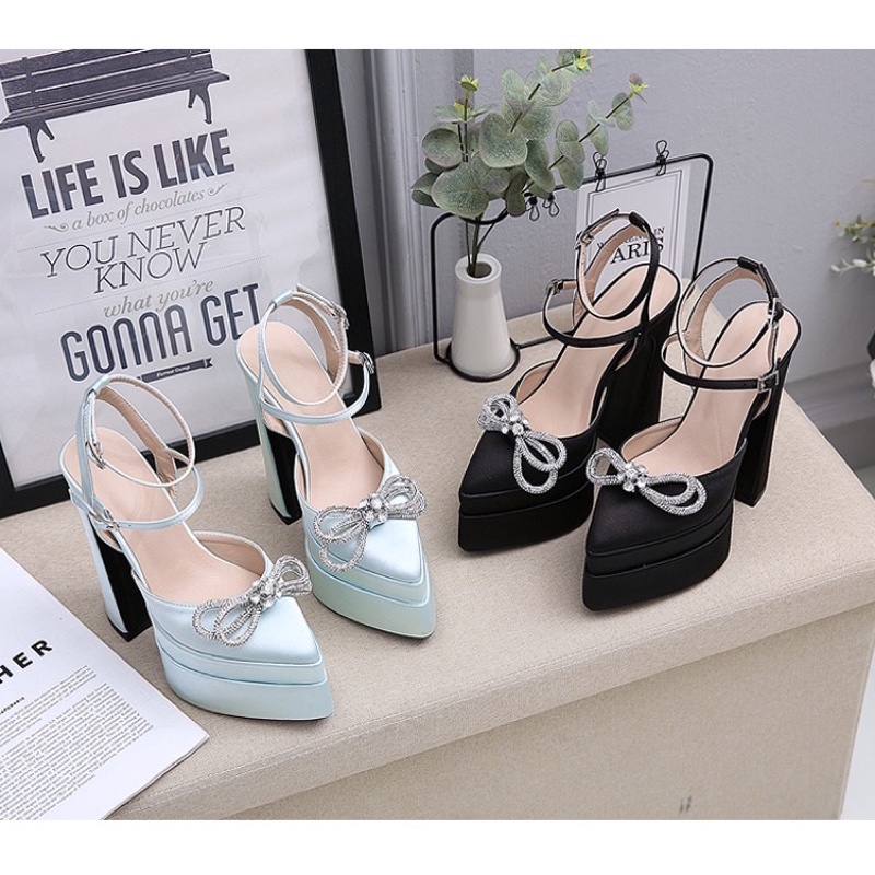 ORDER 🍀 Giày đế đúp gót trụ mũi nhọn nơ đá 35-42 12cm