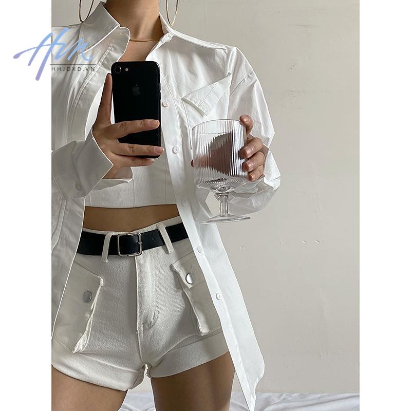 Hhjdxd Áo Sơ Mi Xẻ Tà Có Túi Nhấn Eo Hẹp Thời Trang Cho Nữ