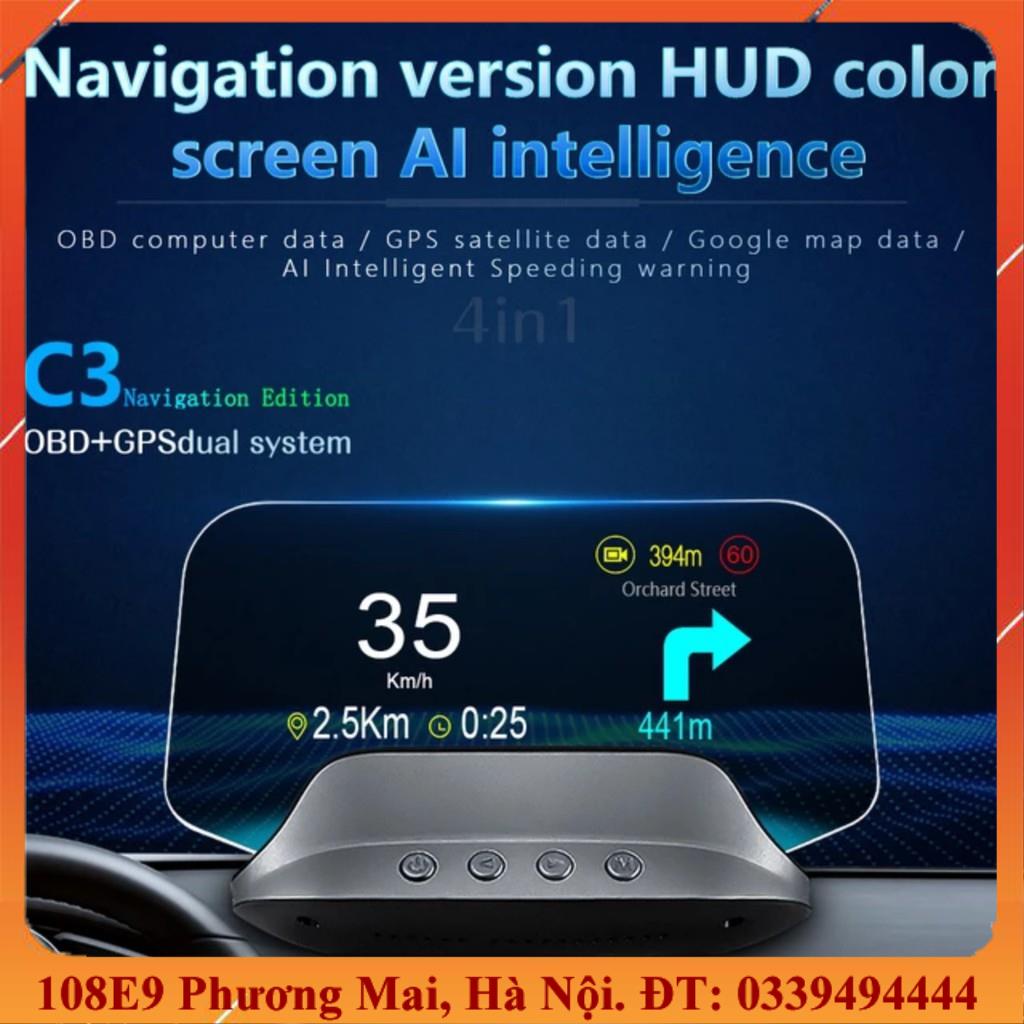HUD C3 mẫu cao cấp mới 2021 hiển thị tốc độ ô tô xe hơi màn hình màu LCD phản chiếu nhiều giao diện OBD2 + USB GPS