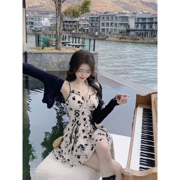 🌷 Váy hoa nhí cúp ngực dáng ngắn kèm áo khoác len thời trang cho nữ