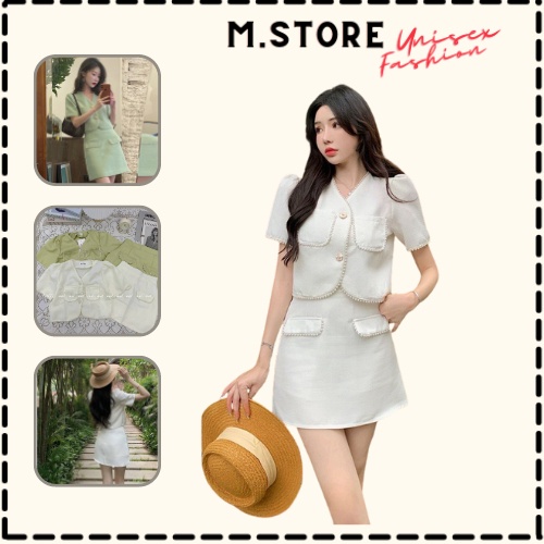 Set váy nữ áo croptop viền ngọc mix chân váy phong cách Hàn Quốc mặc đi học đi làm đi chơi M.Store Sv145