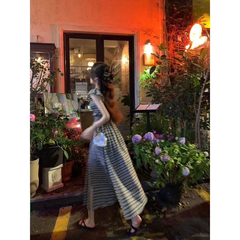 COZOK Đầm Ngắn Tay Cổ Chữ V Phối Bèo Họa Tiết Caro Nữ Tính