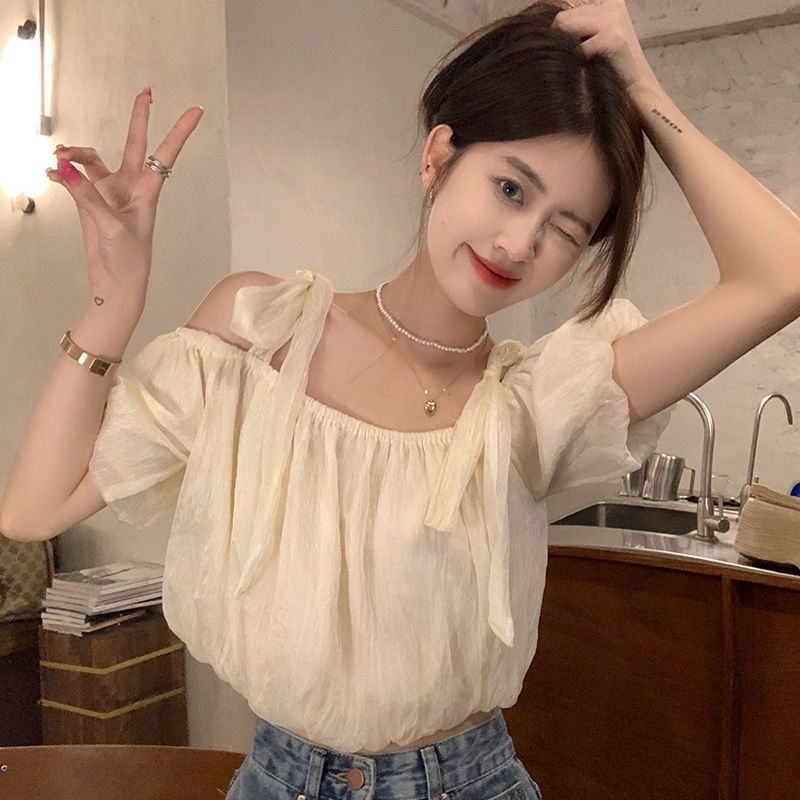 Áo Sơ Mi Tay Ngắn Buộc Dây Một Bên Vai Màu Trơn Phong Cách Hàn Quốc Thời Trang Mùa Hè Hàng Mới
