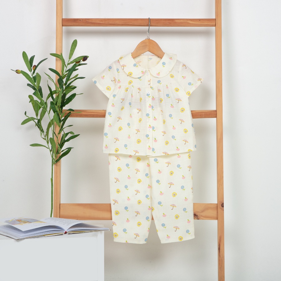 Pijama tay ngắn bé gái vải xô tre Áo Lá Homewear XONG22, đồ bộ xô bé gái babydoll họa tiết dễ thương
