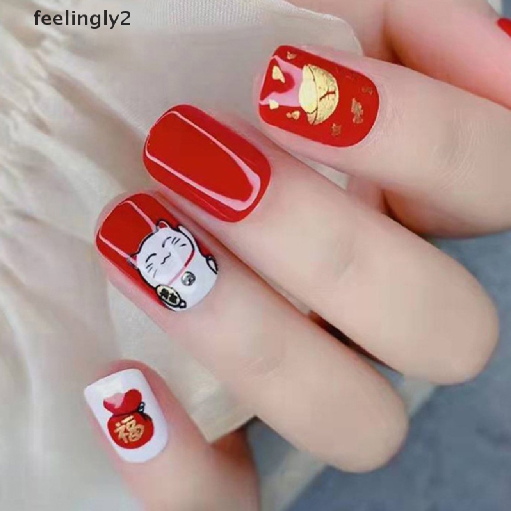 [Hàng Có Sẵn] Hộp 30 Móng Tay Giả Dạng Nhấn Ngắn Trang Trí Năm Mới (F)