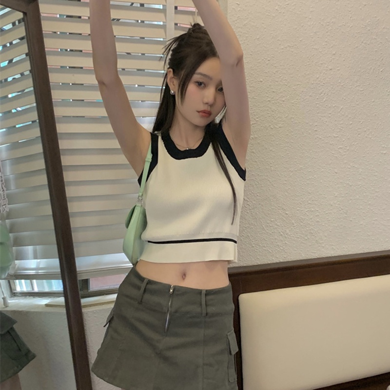 IELGY   Áo Dệt Kim Sát Nách Dáng Ôm Màu Sắc Tương Phản Thời Trang Cho Nữ