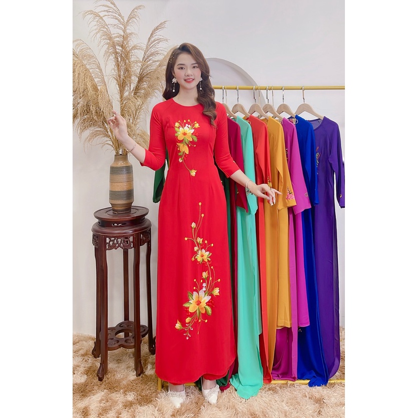 Áo Dài Đỏ thắm thêu hoa Tinh Xảo Mềm Mại Thướt Tha I Nét Áo Dài