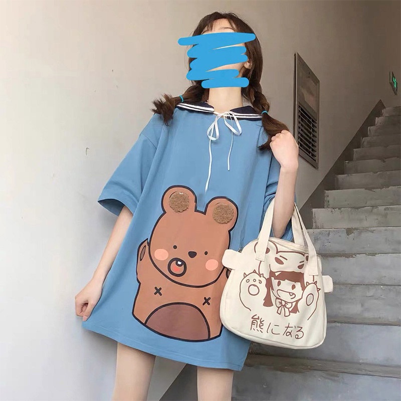 Áo Thun Nữ Ngắn Tay Cổ Tròn In Hình Gấu Dễ Thương