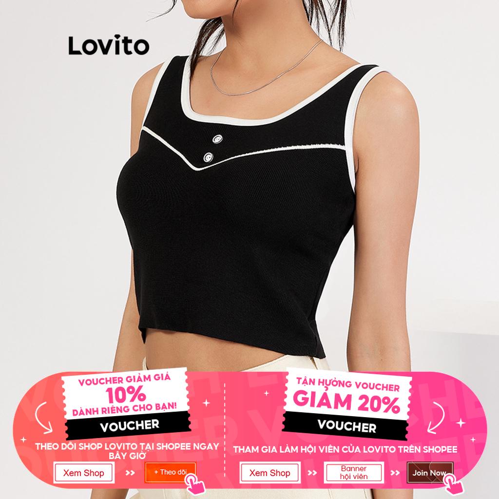 Áo dây Lovito có nút cài hở vai phối viền tương phản phong cách đơn giản thường ngày L18X267 (Đen)