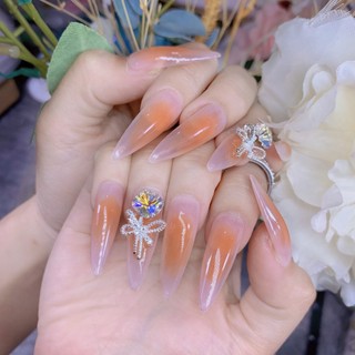 Móng tay giả đính charm đá ombre cam, tặng kèm keo dán dũa
