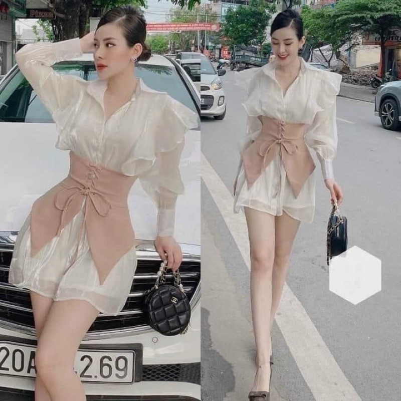 váy sơ mi voan tiểu thư kèm đai eo đẹp