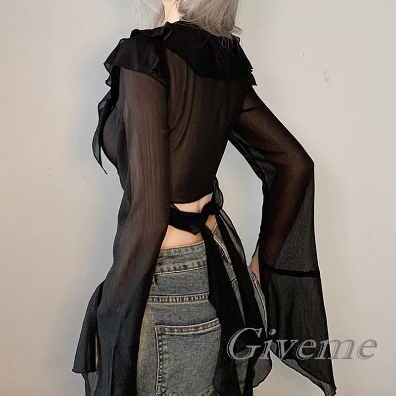 Áo Crop Top Lưới Tay Dài Màu Trơn Nhìn Xuyên Thấu Trang Trí Mùa Xuân Cho Nữ