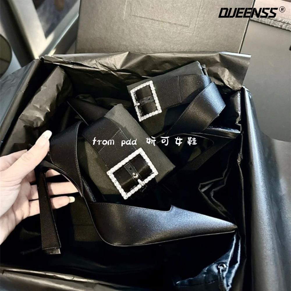 Sandal Cao Gót Mũi Vuông Đính Đá Màu Đen Phong Cách Thời Trang Mới 2023