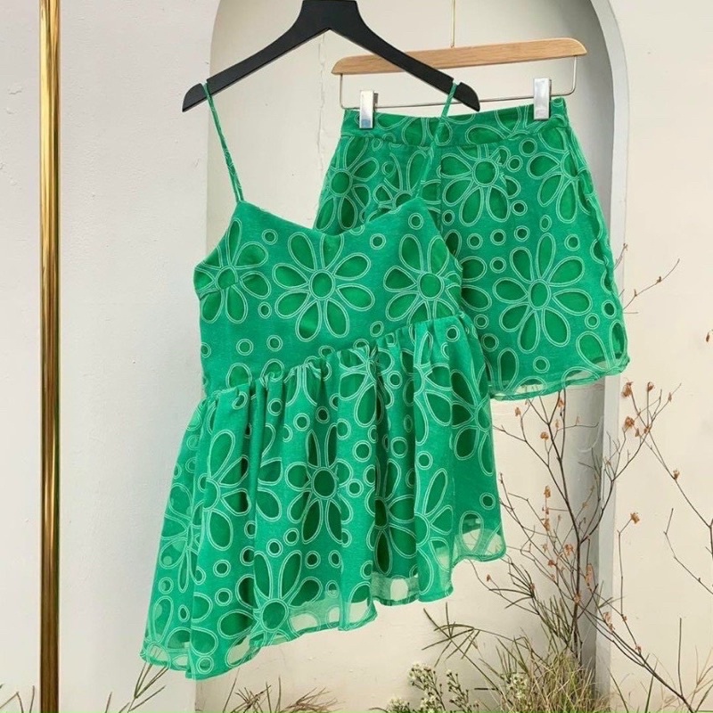 SET HAI DÂY VẠT CHÉO HOẠ TIẾT HOA NỔI Lazer PHỐI REN PHỒNG