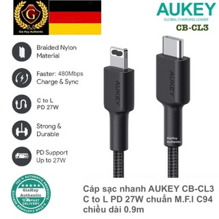 Cáp sạc nhanh aukey cb-cl3 c to l pd 27w chuẩn m.f.l c94 chiều dài 0.9m