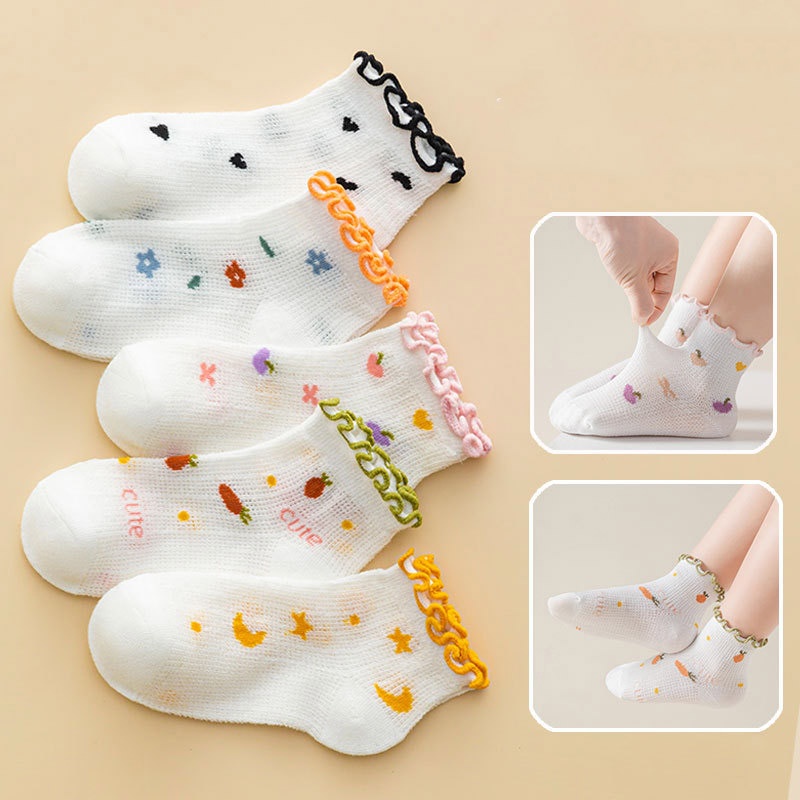 Set 5 Đôi Tất Lưới Mỏng Thoáng Khí Họa Tiết Hoạt Hình Dễ Thương Cho Bé Gái