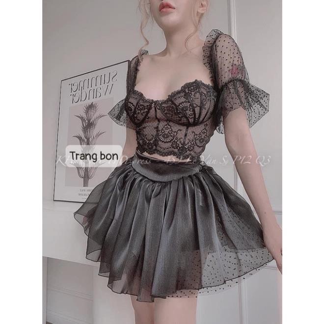 Set bộ áo ren cúp ngực kèm chân váy xoè phối lưới hình thật