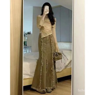 Chân váy jean Chữ A Lưng Cao Xếp Ly Phong Cách Retro Mỹ
