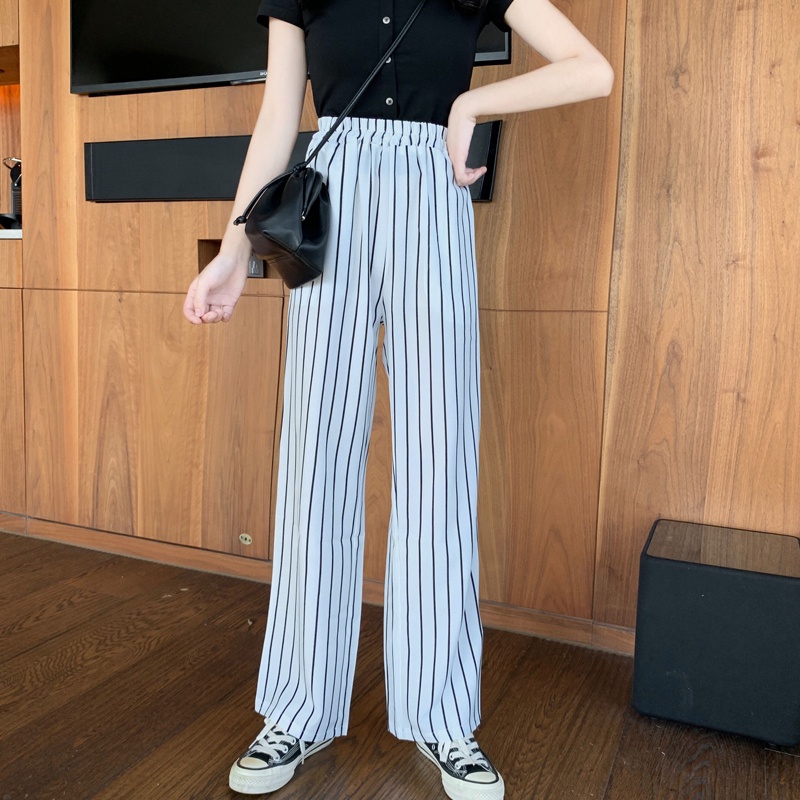 ZHELIHANGFEI Quần Ống Rộng Lưng Cao Họa Tiết Kẻ Sọc Hợp Thời Trang
