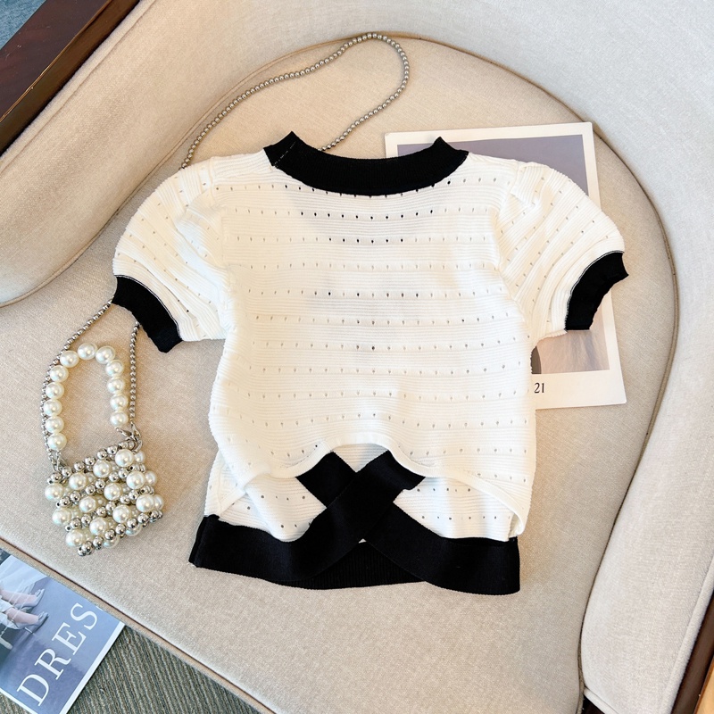 Áo Dệt Kim Ngắn Tay Cổ Tròn Màu Sắc Xinh Xắn Cho Nữ