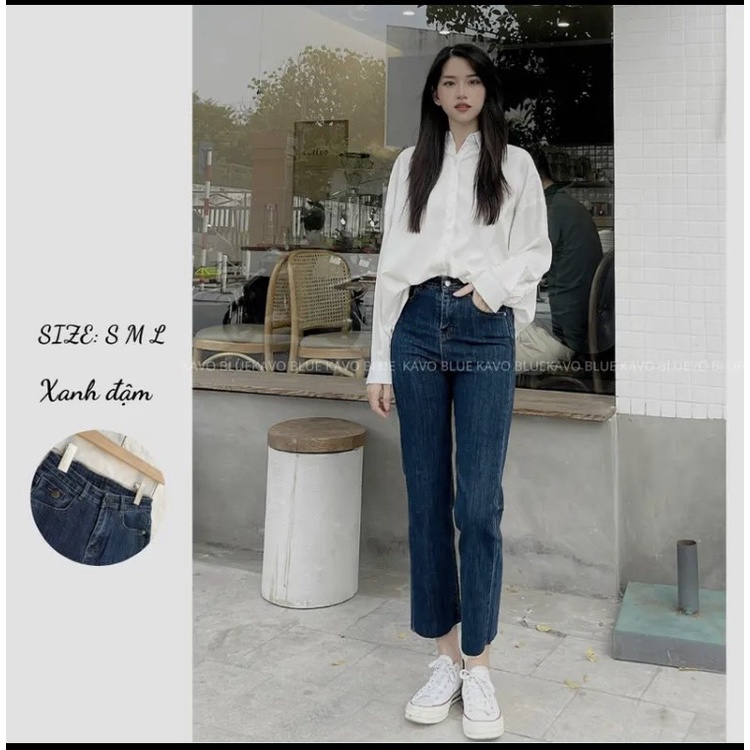 Quần Jean Nữ Ống Đứng Xanh Đậm Cắt Gấu