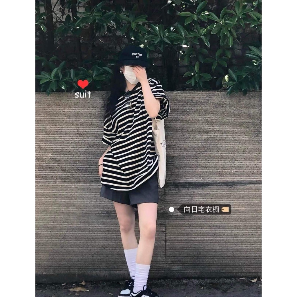 Bộ Thun Kẻ Đen Quần Short Nữ [FREESHIP]  Set áo phông tay lỡ kèm quần đùi kaki form oversize Ulzzang