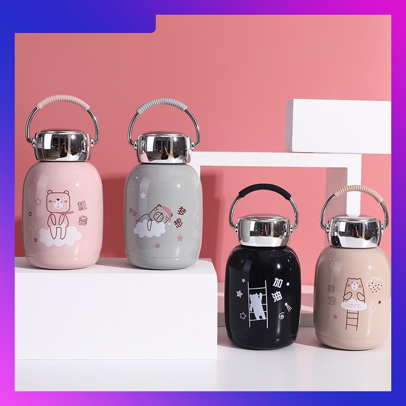 Bình giữ nhiệt 230ml chất liệu inox 304,230ml. Cốc giữ nhiệt mini dễ thương họa tiết hình gấu, có quai cầm tay