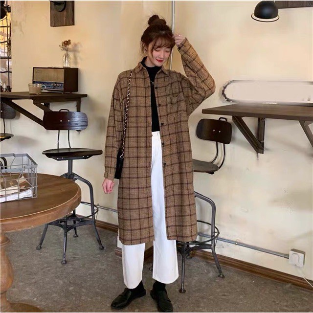 Áo sơ mi dáng dài hoạ tiết caro ulzzang / Áo khoác ngoài dài trung tính retro QC_ có ảnh thật
