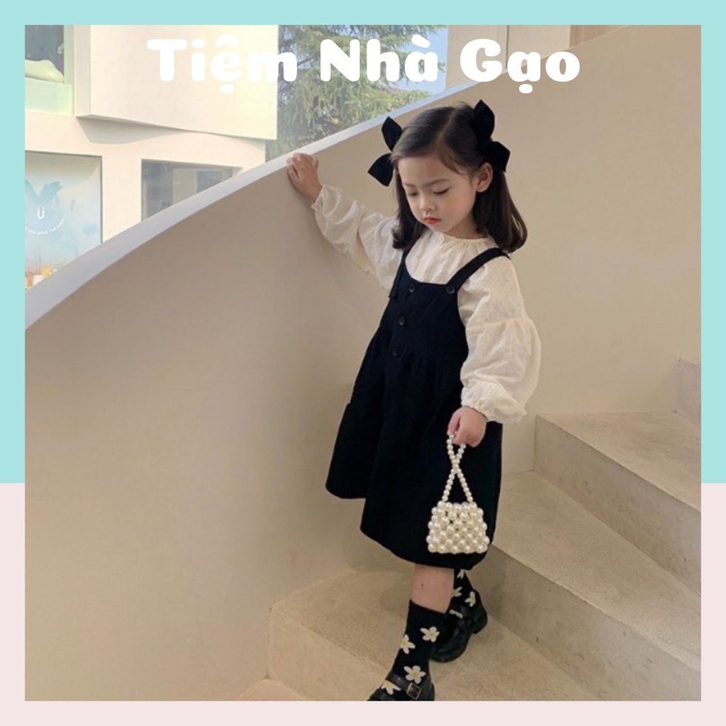 Set Váy Yếm Với Áo Sơ Mi Tay Phồng Phong Cách Hàn Quốc Cho Bé Gái