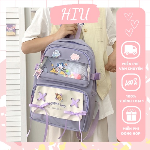 Balo đi học trơn màu cute cho nữ họa tiết phối ruy băng kèm phụ kiện và móc khóa - B1224