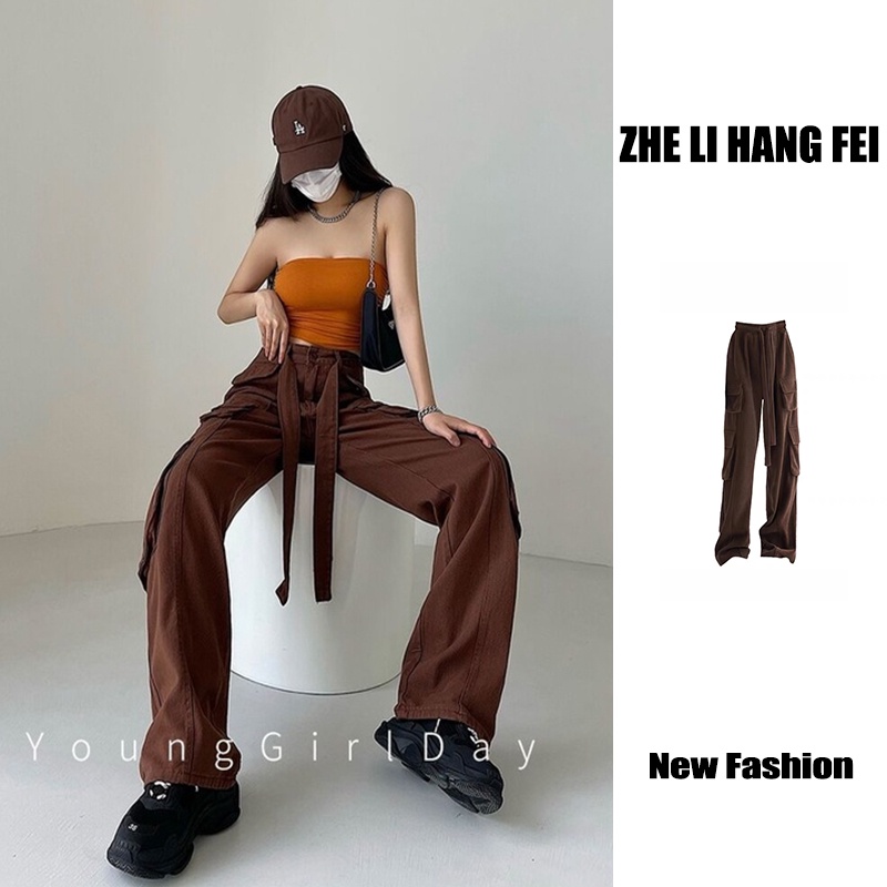 ZHELIHANGFEI Quần Jean Dài Lưng Cao Ống Rộng Phong Cách Retro Mỹ Cá Tính