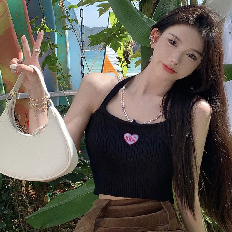 Áo Hai Dây Dệt Kim Thêu Họa Tiết Trái Tim Thời Trang Mùa Hè Hàn Quốc Cho Nữ