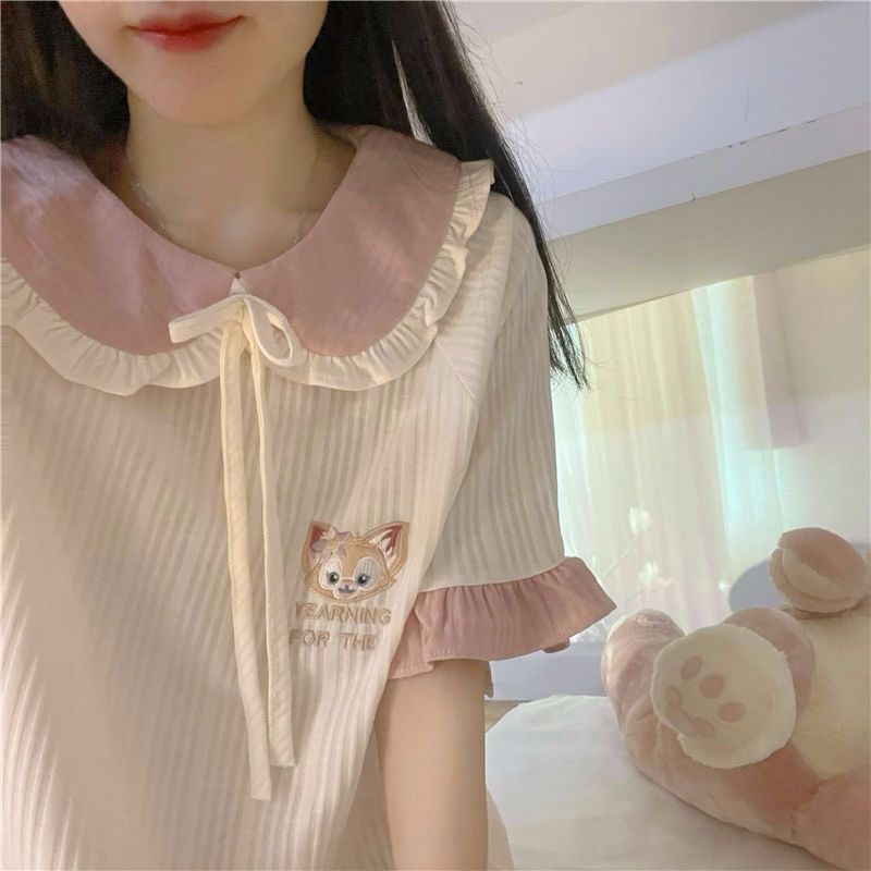 Bộ đồ ngủ phong cách công chúa nữ mùa hè ngắn tay búp bê cổ áo diềm xếp nếp ngọt ngào dễ thương bộ đồ phục vụ mặc nhà