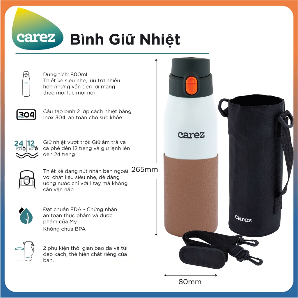 BÌNH GIỮ NHIỆT CAREZ IBC929, 800ml, Inox 304, Không chứa BPA, Hàng Chính Hãng