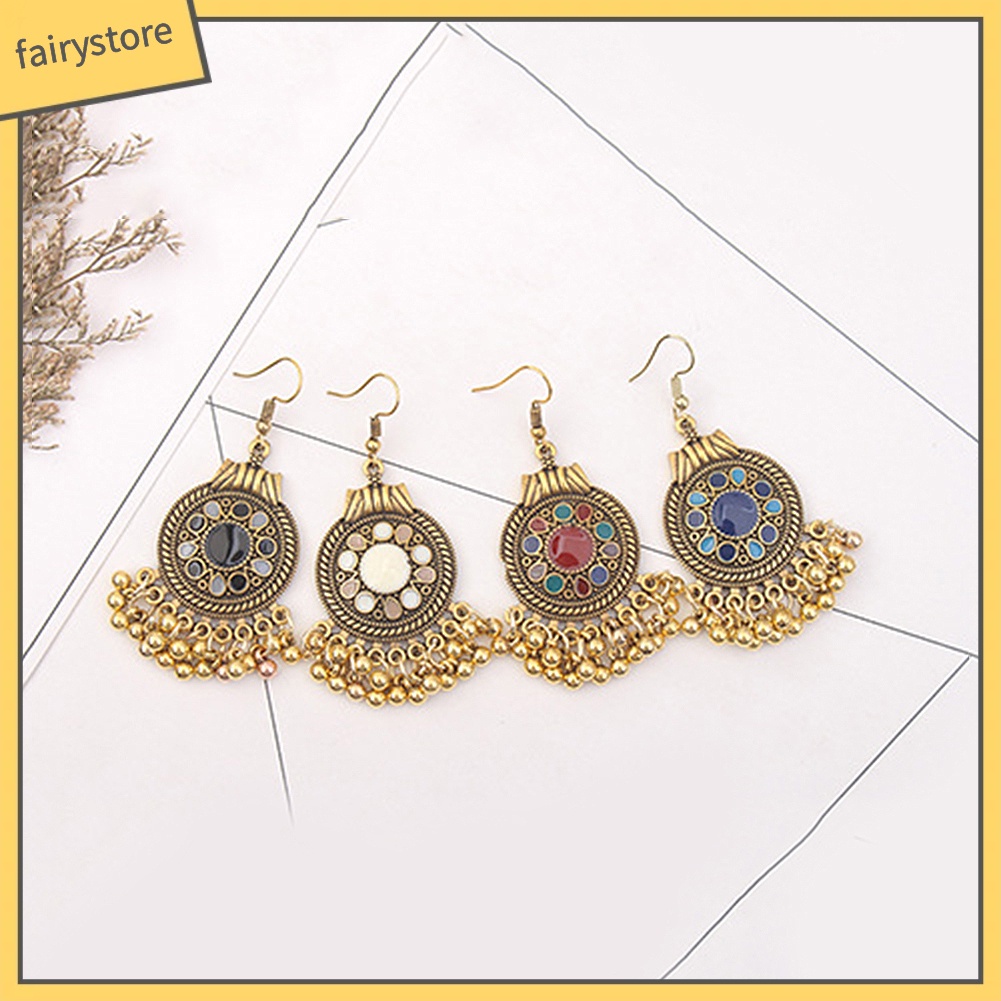 [Fairy1] Bông Tai Móc Xỏ Hạt Mặt Tròn Hoa Tua Rua Phong Cách Dân Tộc Cho Nữ