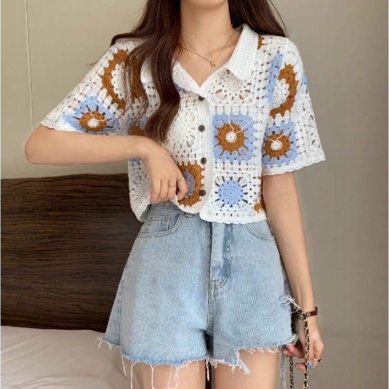 Áo croptop len móc họa tiết đi biển xinh cho nữ