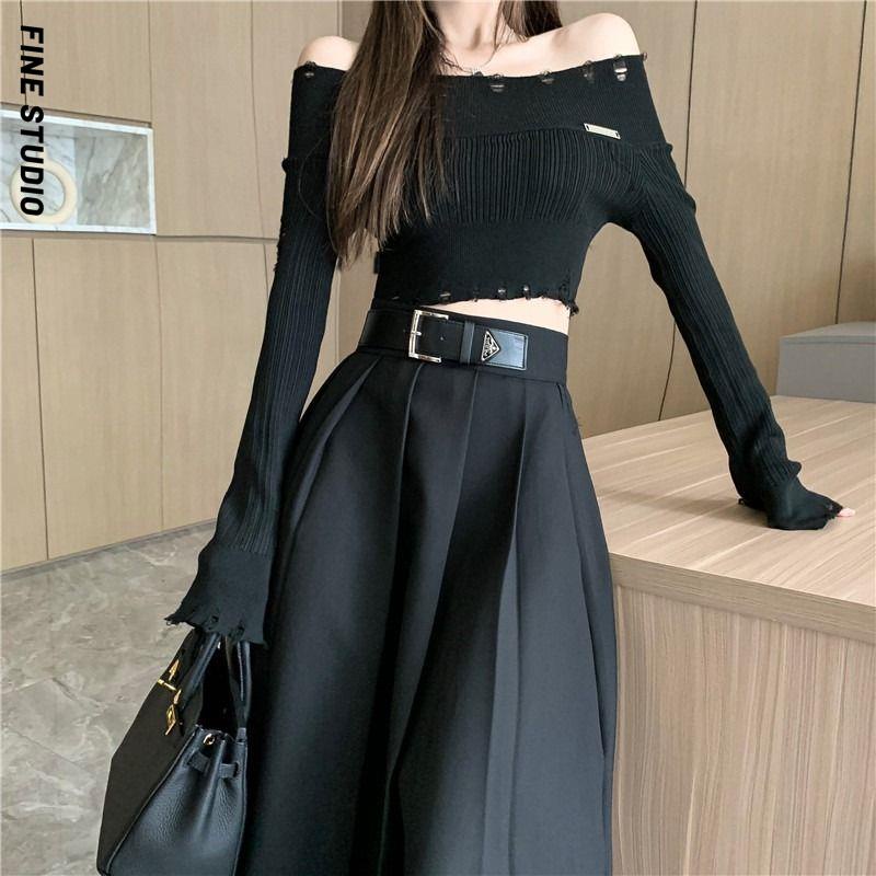 Fine Studio Khí chất thời trang Váy xếp ly màu đen thiết kế mùa xuân của phụ nữ eo cao che da thịt khoe dáng váy chữ A mỏng Váy dài vừa phải