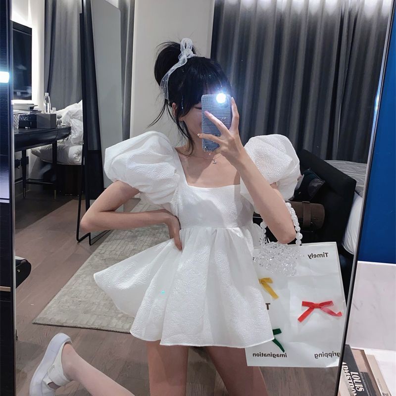 COZOK Đầm Cổ Vuông Tay Phồng Lưng Cao Hở Lưng Phong Cách Pháp Thời Trang Mùa Hè Cho Nữ