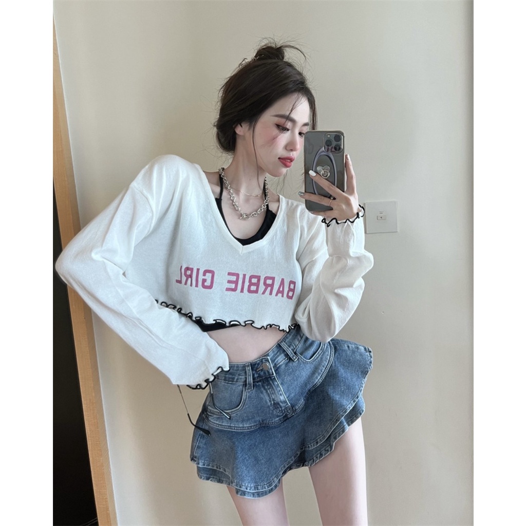 Áo croptop nữ BARBIE GIRL màu hồng và trắng ,Áo dài tay phong cách Đường Phố | BigBuy360 - bigbuy360.vn
