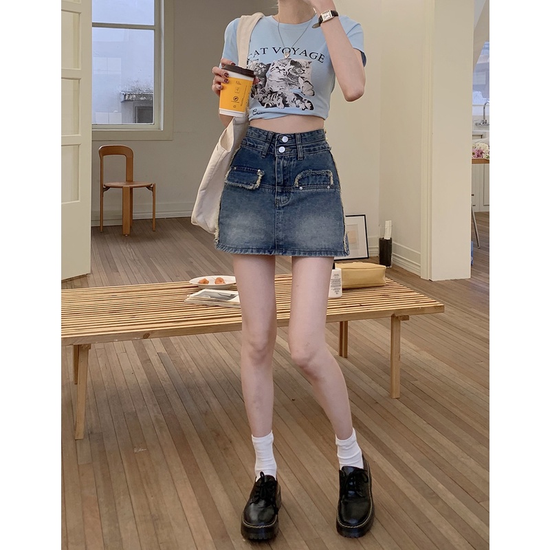 Cocory vn Chân váy jean Chữ A Lưng Cao Thời Trang Retro Cho Nữ