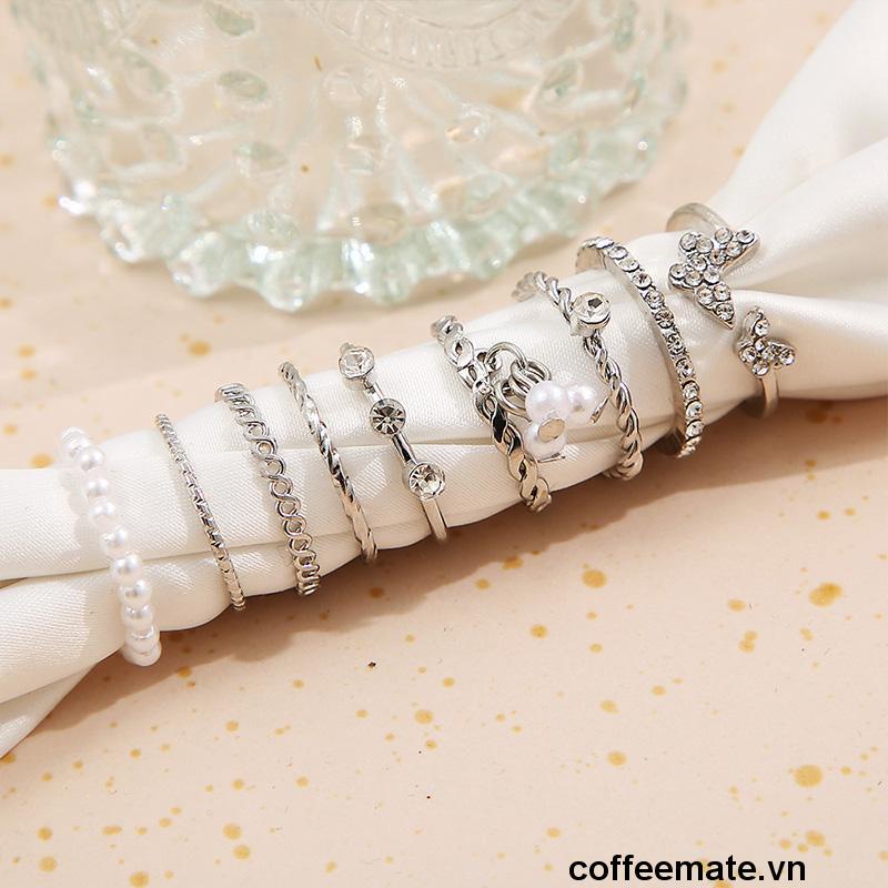 【coffeemate】⚡ Set 9 nhẫn bạc ngọc trai pha lê thanh lịch Bộ nhẫn mỏng rỗng cho nữ phụ kiện trang sức