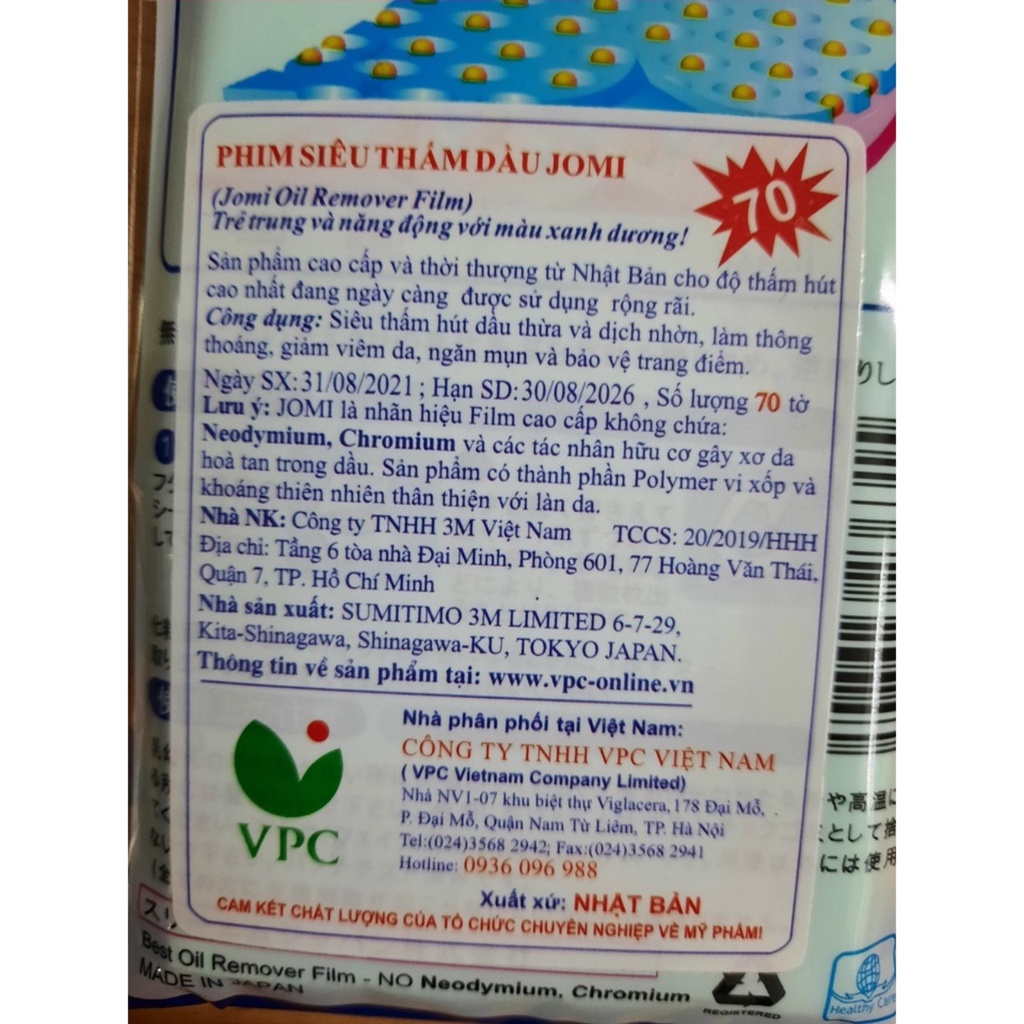 Giấy Thấm Dầu Jomi xanh 70 tờ từ Nhật Bản, phim siêu hút dầu da mặt