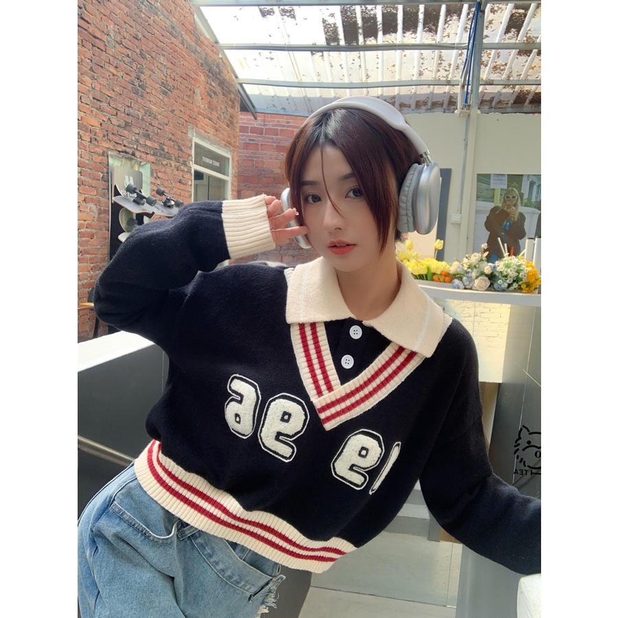 ZHELIHANGFEI Áo Len Tay Dài Cổ POLO Phong Cách Preppy Gợi Cảm