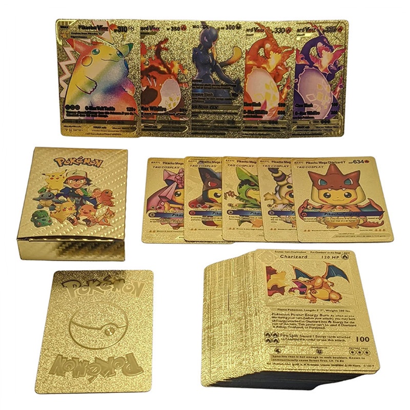 Bộ 55 / 27 / 9 Thẻ Bài Pokemon Bằng Kim Loại Màu Vàng / Bạc / Đen / Vàng Kim / Bạc