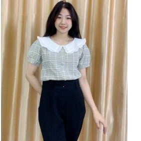 Áo kiểu vải caro mềm phối cổ bèo trắng po1