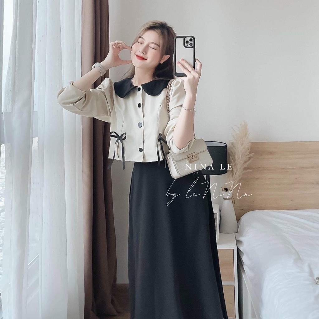 Set chân váy kèm áo tay dài phối bèo cổ cài nút thật siêu xinh dành cho các nàng yêu đi chơi, dự tiệc, thời trang nữ