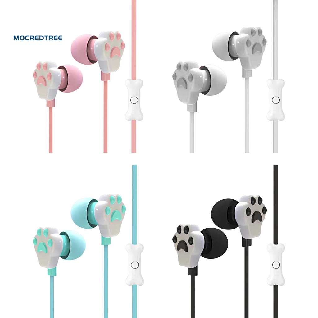 MT♚ Tai Nghe Thể Thao Nhét Tai Siêu Nhẹ Họa Tiết Chân Mèo Hoạt Hình 3.5mm Kèm Mic Chống Sốc