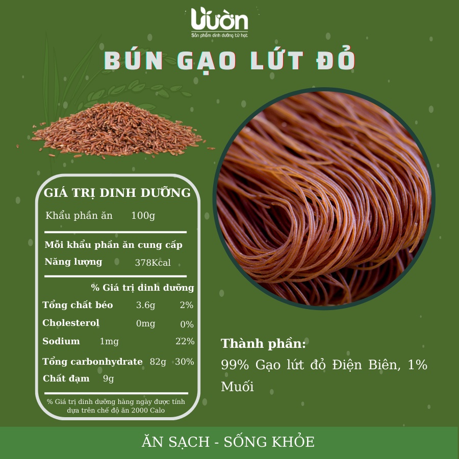 BÚN GẠO LỨT ĐỎ THỰC DƯỠNG, ĂN CHAY, ĂN KIÊNG GIẢM CÂN, EATCLEAN - VƯỜN ORGANIC 500GR