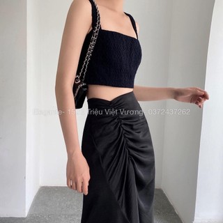 Chân váy lụa nhún bên Elegante 77180101 màu đen, be